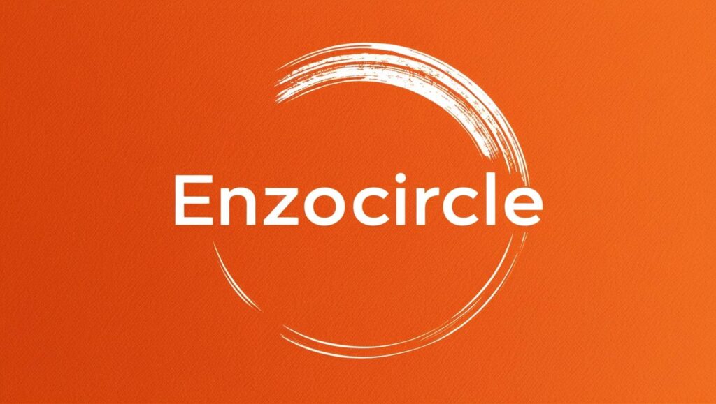 design a logo with vibrant orange background, a hallow circle with a brush stroke in white colour and word Enzocircle written in it in white color